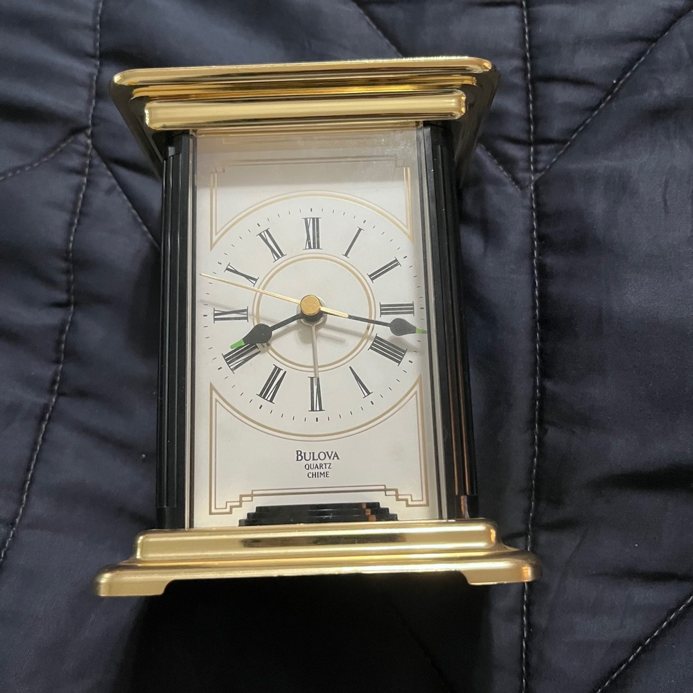 Bulova Quartz 5" Chime Carriage Clock B1345 Black Gold Tone Roman Numeral WORKS